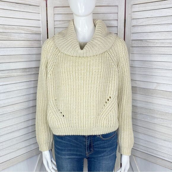 Moon & Madison Waffle Knit Cowl Neck Crop Sweater Cream Beige Small Long Sleeve - Picture 1 of 11